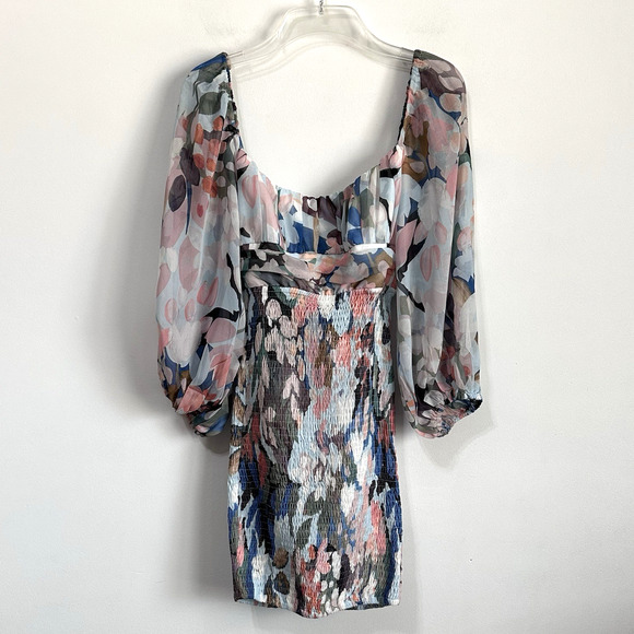 Here Comes The Sun Dress S Colorful And Calm Smocked Tie Back Puff Sleeve NEW - Picture 1 of 13